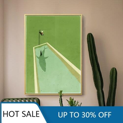 Abstract Green Shark Diving Wall Art Canvas Painting Poster Print Scandinavia Wall Decor Pictures for Home Living Room Decor