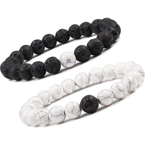 Couples Bracelet for Men and Women Classic 8mm Natural Black and White Lava Stone Beads Bracelets Jewelry Best Friend Gifts