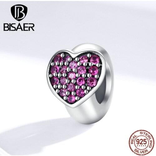 Love Heart 925 Sterling Silver Pink Zircon Love Heart Small Spacer Beads Charms fit BISAER Women Bracelets DIY Jewelry ECC1336