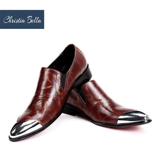 Christia Bella Mens Fashion Brown Loafers with Metal Toe Genuine Leather Dress Shoes Brand Wedding and Party Shoes Mens Flats