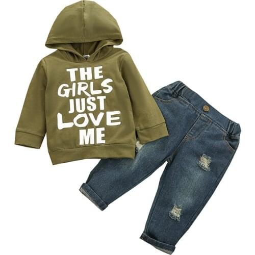 Baby Boy Childrens Clothes Cute Letter Print Long-Sleeved Hooded Sweater Denim Ripped Trousers Suit Autumn Winter Clothes