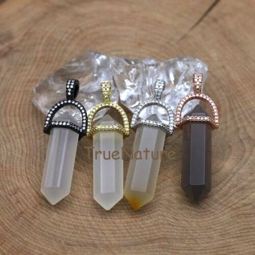 Double Terminated Agates Nugget Pendants Metal Finish, Zircon Paved Single Bails Pendant Healing Stone In 45*10 mm PM7380