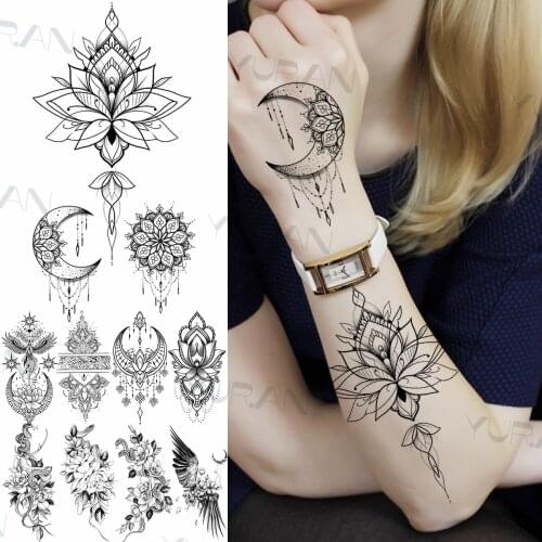 Henna Lotus Moon Pendant Temporary Tattoos For Women Female Fake Mamba Snake Feather Wings Tattoo Sticker DIY Frontarm Tatoos