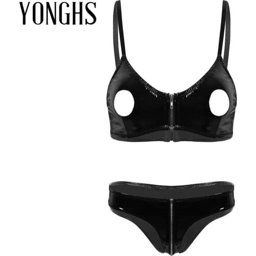 2Pcs Womens Wet Look Patent Leather Lingerie Set Hollow out Nipple Holes Bra Top with Low Rise Zippered Crotch Underwear Panties
