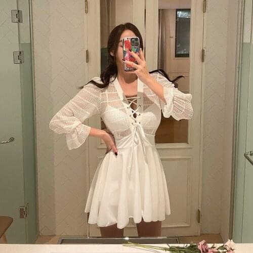 Lace One Piece Pad Mesh Beach Swimwear Skirt Women White Long Sleeve Ruffle Trikini Monokini Sexy Deep V Lace Up Bathing Suit