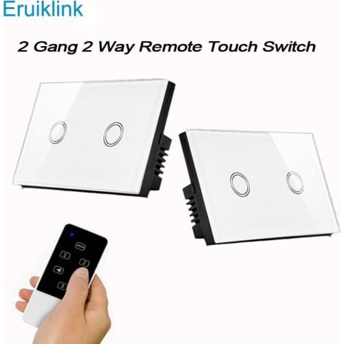 Eruiklink US 2 gang 2 way Wireless Remote Wall Light Switch,Glass Touch Panel 433mhz RF Touch Control Wall Switch for Smart Home