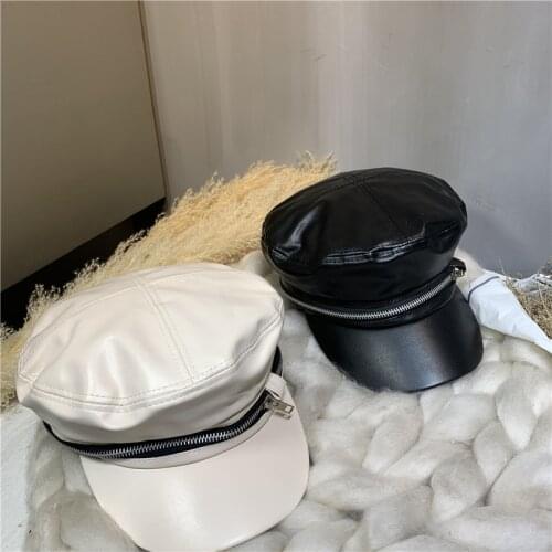 New Leather hat womens beret pu leather flat navy hat British retro octagonal hat