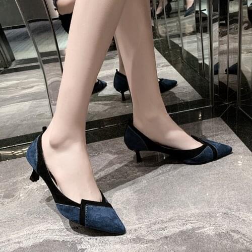New pointed wine glass with high heels Korean bow plaid Korean version of small Multicolor color womens shoes W32-11