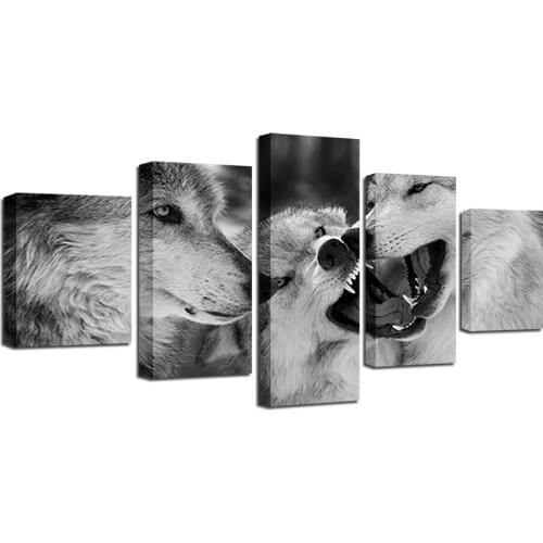 OKHOTCN Framed Modern Canvas HD Prints Poster Living Room Black White Picture 5 Pieces Animal Wolf Paintings Home Decor Wall Art