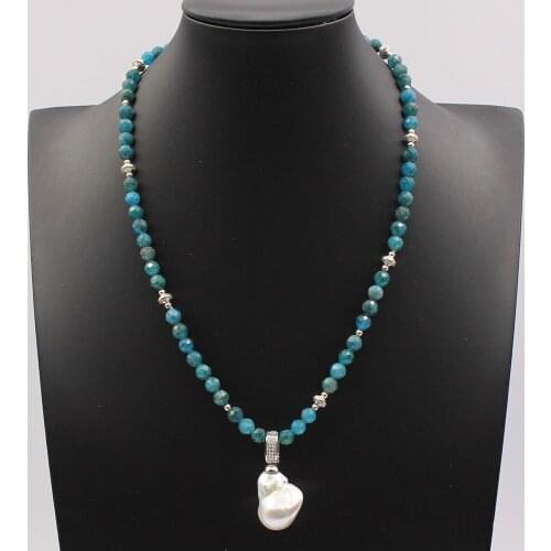GG Jewelry Natural Round Faceted Blue Apatite Pendant Necklace Baroque Keshi Pearl CZ Pave Pendant Handmade For Women