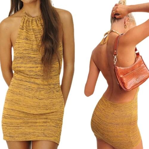 2021 New Women Summer Sheath Dress, Solid Color Lace-Up Halter Neck Sleeveless Backless Butt Skirt for Girls, Yellow