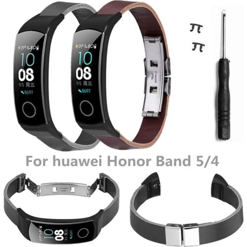 Brown/Black Leather Strap For Huawei Honor Band 5/4 Replacement Watchbands Vintage Butterfly Clasp Wrist Band Accessories