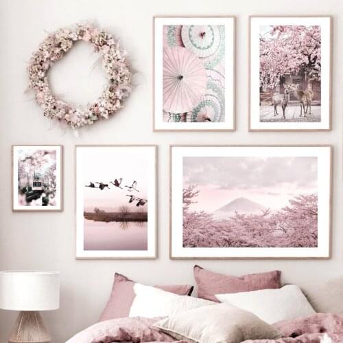 Pink Fuji Mountain Sakura Deer Calm Lake Nordic Bird Wall Poster Art Print Canvas Painting Decoration Picture Living Room