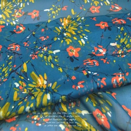 LEO&LIN Blue Small yellow Flower Large Wide Real Silk Chiffon Light through Dress Shirt Lining Cloth DIY patchwork