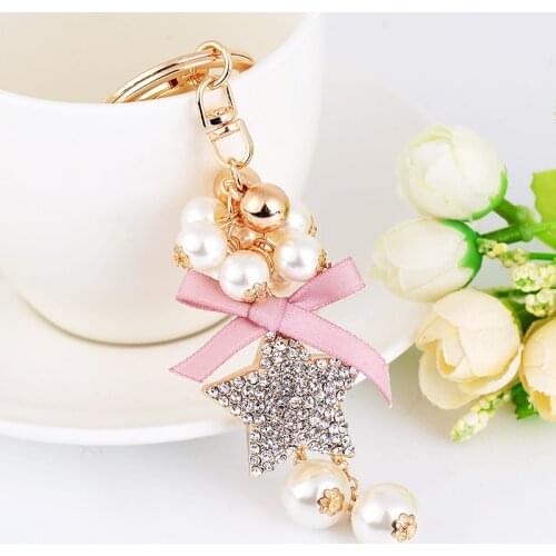 Creative Bead Bow Key Chain Star Pendant Key Ring Five-pointed Star Keychains Pentagram Keyring Fashion Jewelry Drop shipping