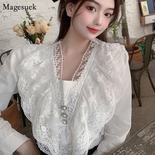 2021 Casual Ladies Top Blouses Women Casual Long Sleeve Cotton White Blouse Femme Crochet Lace Elegant Womens Shirt Tops 13299