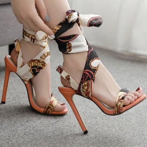 Summer new personality lace pattern stiletto heels daily wild sandals ribbon around feet sexy banquet dress womens shoes