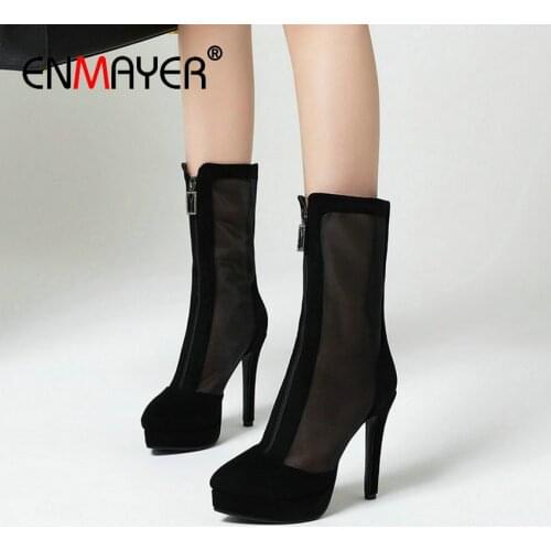 ENMAYER Basic Round Toe Mesh (Air Mesh) Shoes Woman Flock Mid-Calf Boots Women Thin Heels Spring/Autumn Platform High Heels