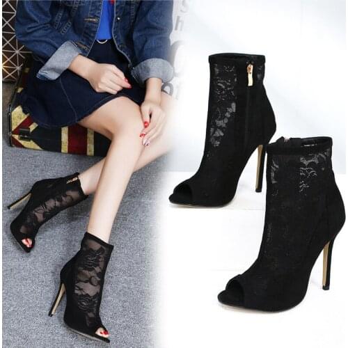 Summer Boots Woman Hollow Lace Ankle Black Peep Toe Thin Heel 11cm High Size 8 9 10 Sexy Party Evening Dress New Designer 2021