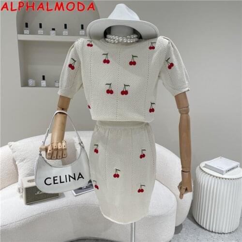 ALPHALMODA 2021 Summer New Retro Cherry Embroidery Puff Sleeve Knitted Top + Elastic Waist Pencil Skirt Women Sweet 2pcs Suit