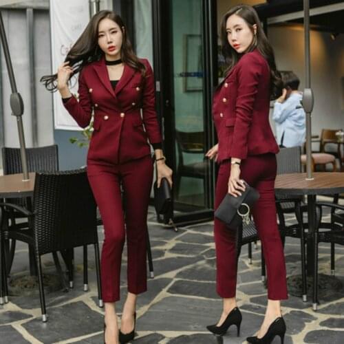 Two-piece female long-sleeved OL professional female temperament suit double-breasted suit jacket+slim feet pants suit women