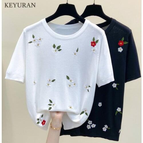 2021 Plus Size Knitted T-Shirt Womens Floral Embroidered Ice Silk Top Short Sleeve Round Neck Casual Loose Knitwear T Shirt