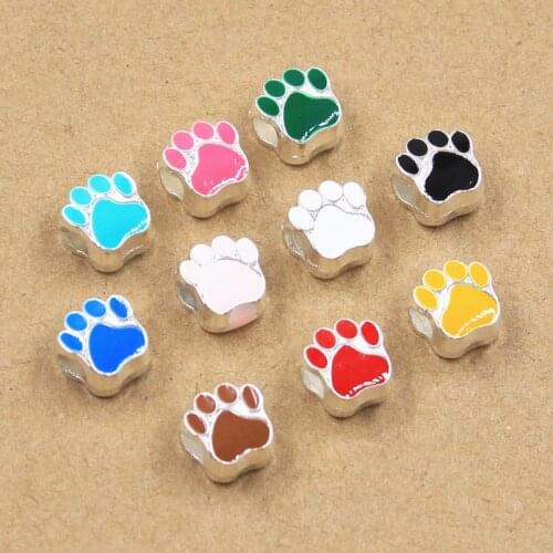 10pcs 11x7x11mm Colorful Dog Bear Paw 5mm Big Hole Bead Charm Fits Silver Color Charms for Bracelets Wholesale DIY Making fit