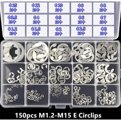 150pcs/set M1.2-M15 304 Stainless Steel E Type Circlips Open Retaining Ring Washer