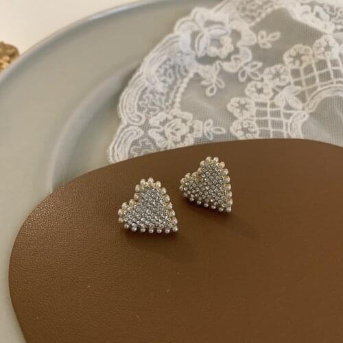 2021 New Design Luxury Crystal Heart Stud Earrings Fashion Pearl Love Earrings For Woman Romantic Wedding Jewelry Accessories