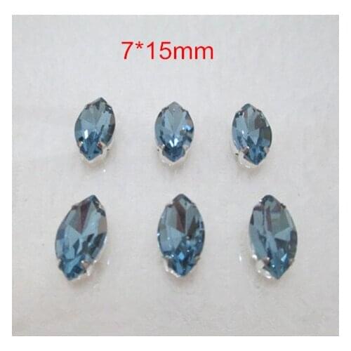 40 pcs Loose Crystal Sew on Beads 7*15mm Navette Light Blue Bead in Silver Set With 4 Holes,Crafts Supplies