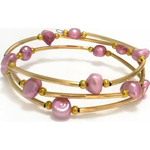 8 inches 8-9mm Hot Pink Freshwater Baroque Pearl Women Memory Wire Wrap Bracelet