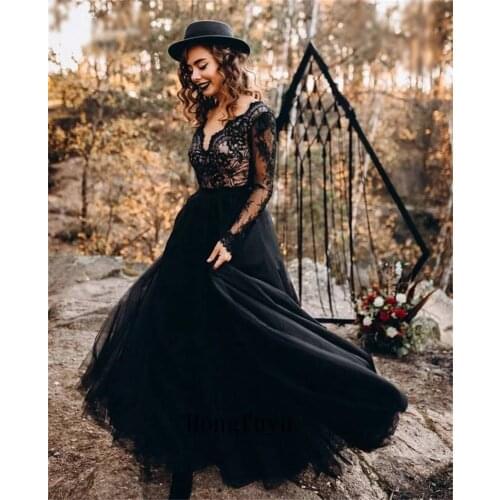Black Sexy V-Neck Lace Appliques Long Sleeve Tulle A-line Zipper Prom Dresses 2021 Women Formal Evening Gowns robes de soirée