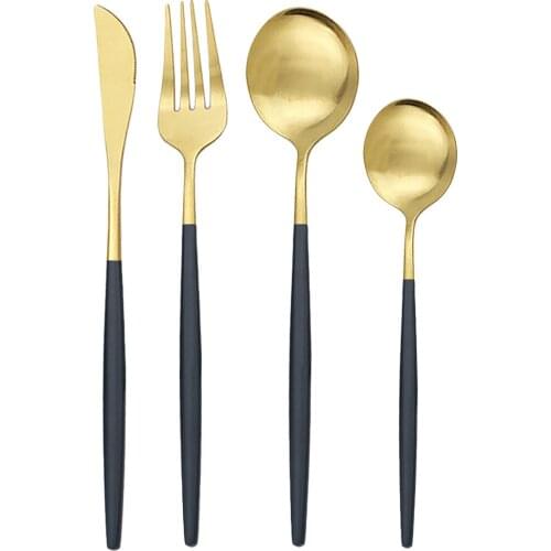 Black Gold Matte Dinnerware Cutlery Flatware Set Stainless Steel Dinner Set Knife Fork Spoon Tableware Set Kitchen Accessories