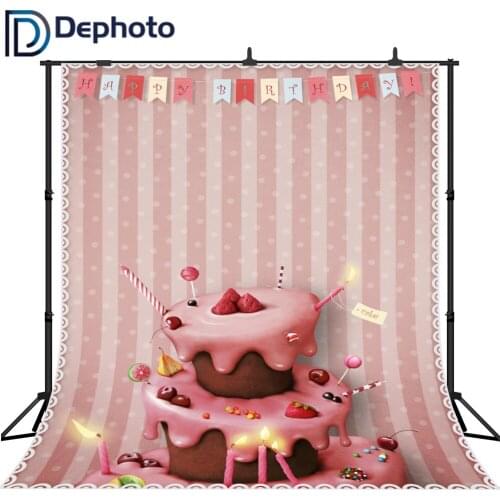DePhoto Happy Birthday Photography Backdrop Sweet Fruit Cake Flags Party Celebration Portrait Photo Background For Photo Studio