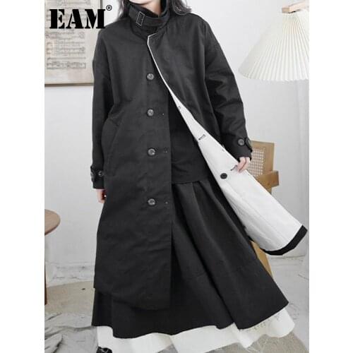 [EAM] Women Black Contrast Color Big Size Long Trench New Lapel Long Sleeve Loose Windbreaker Fashion Spring Autumn 2021 1DD5027