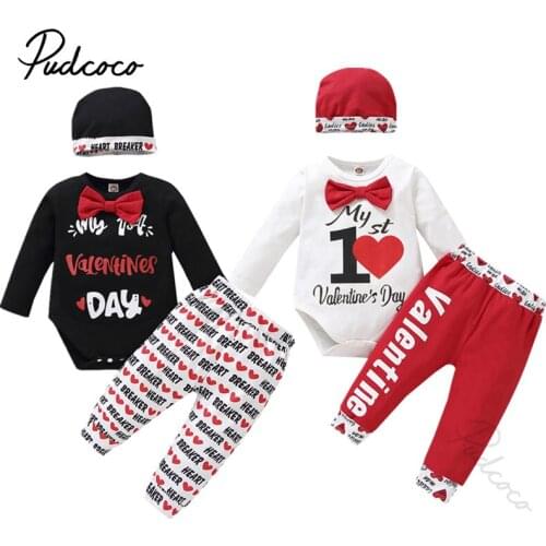 3Pcs Outfit Newborn Baby Girls Clothes Valentine Day Heart Letter Long Sleeve Jumpsuit and Long Pants with Hat