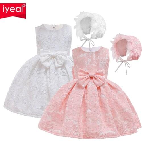 IYEAL Newborn Baby Toddler Lace Dress With Hat Girls First Baptism Elegant Embroidery Wedding Party Flower Bridesmaid Dresses