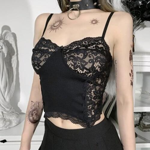 Alternative clothing Punk Lace Crop Top Black Grunge Cloth Camisole Harajuku Emo Clothing Sexy Bodycon Tank Tops Summer dark top