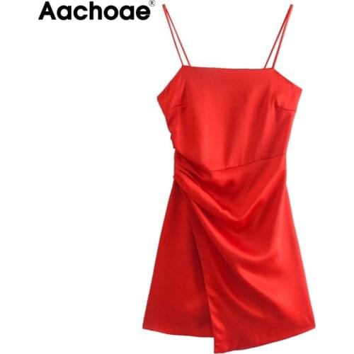 Aachoae Women 2021 Summer Women Red Color A Line Mini Dress Sexy Spaghetti Strap Party Dress Female Sleeveless Backless Sundress