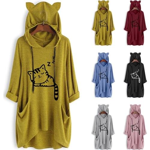 40# Women Fashion Printing Cat Ear Hooded Hoodies Mini Dresses Long Sleeve Pocket Tops Sweatshirts Dress Casual Loose Dresses