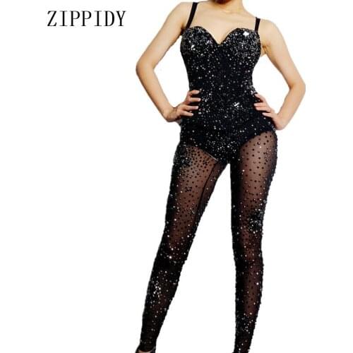 Fashion Sexy Flashing Full Black Rhinestones Mesh See Through Jumpsuit Nightclub Women Dance Show Bodysuit Leggings Outfit