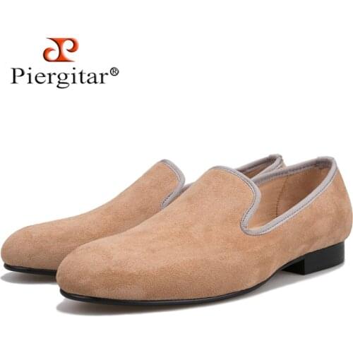Piergitar Khaki colors Men Suede shoes Handmade men loafers for party and prom breathable leather insole slip-on mens flats