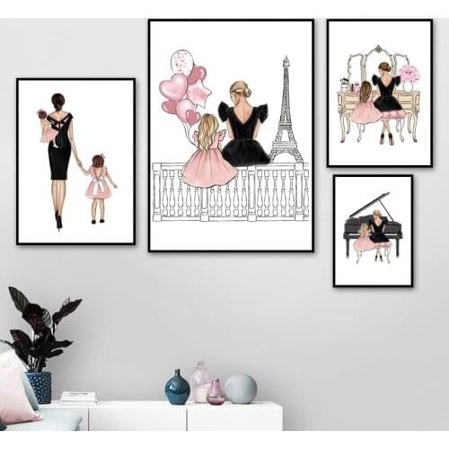 Wall Art Canvas Painting Fashion Mother Love Littile Girl Play Piano Nordic Posters And Prints Wall Pictures For Living Room