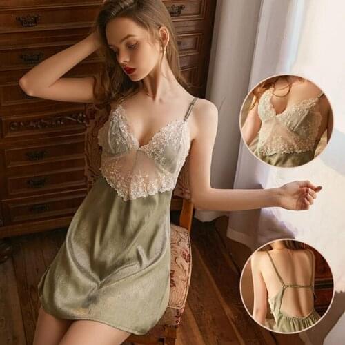 Nightdress Women Silk 2021 New Arrival Lace Sleep Set Clothing Female Perspective Sleeveless Nightwear With Underwear Set FG404