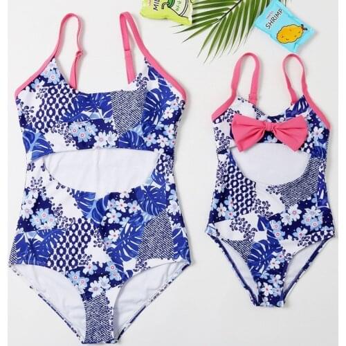 2021 New Mom Daughter Swimsuit One Piece Swimwear Girls Blue Floral Bathing Suit Parent-child Beachwear Baby Bow Triangle Bikini