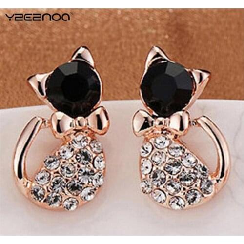 New Arrival Lady Elegant Crystal Rhinestone Jewelry Gift Brinco Pequeno Cute Cat Ear Stud Earrings For Women