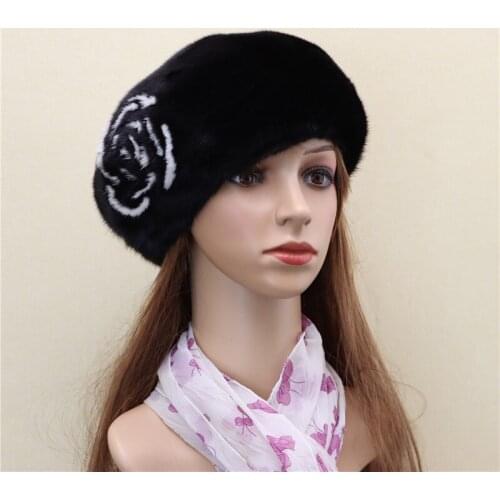 New whole mink beret flowers mink hat fashion women winter warm mink down leisure fur mink leather hat