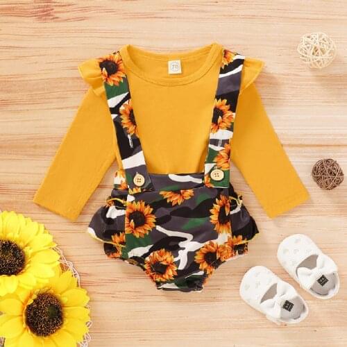 Clothes For Girls Infant Baby Girl Solid Tops+Camouflage Sunflower Print Suspender Shorts Outfits одежда для девочек Clothes