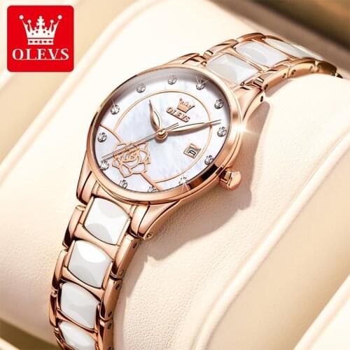 OLEVS 2021 New Fashion Calendar Set Diamond British Movement Ceramic Quartz Womens Watches Camellia Waterproof Luminous 3606