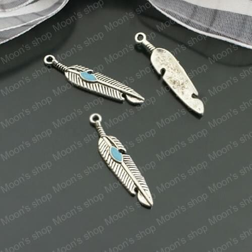 Wholesale 27*6mm Antique Silver color feathers with blue Paint Alloy Flat Charms Pendants DIY Findings 30 pieces (JM3450)